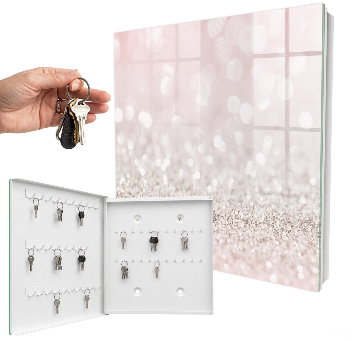WallMuralia - Sleutelkast - 30x30x5 cm - met 50 haken - Romantische Bokeh-Gloed Sleutelkastje Design - Roze Sleutelbox - Linksopenend - Wit interieur