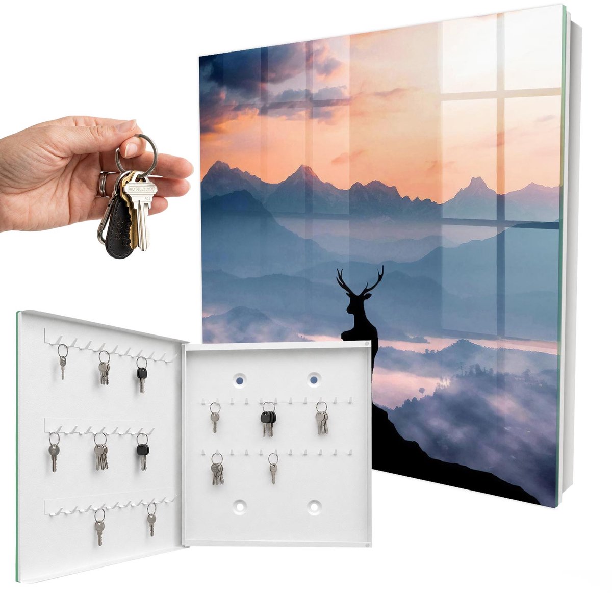 WallMuralia - Sleutelkast - 30x30x5 cm - met 50 haken - Berg Harmonie Sleutelkastje Industrieel - Blauw Sleutelbox - Linksopenend - Wit interieur