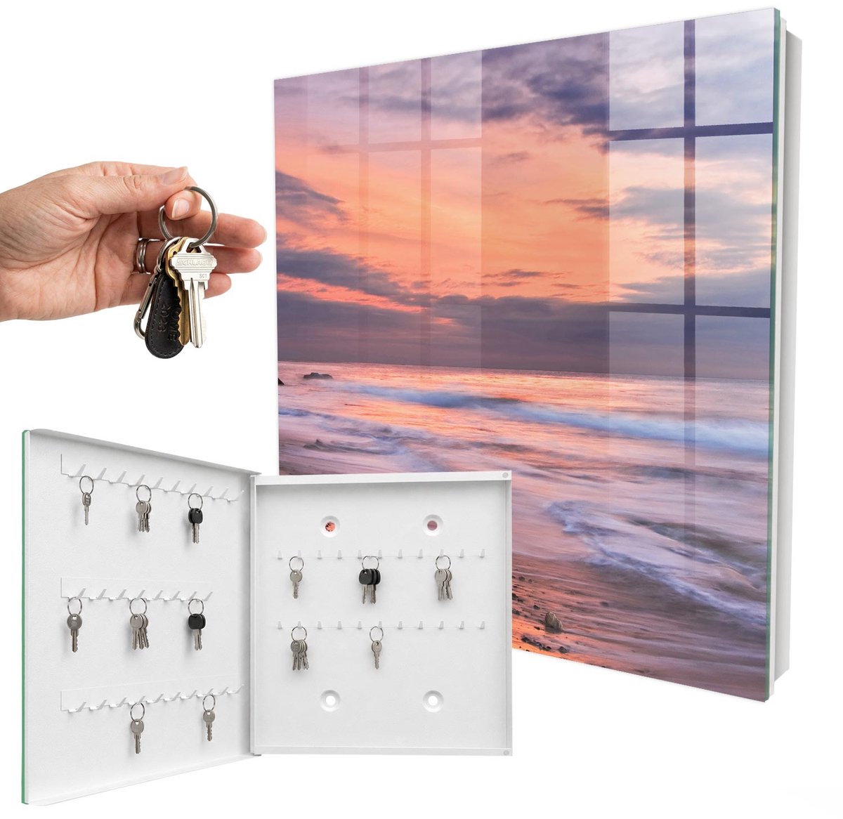 WallMuralia - Sleutelkast - 30x30x5 cm - met 50 haken - Zonsondergang Sleutelkastje Design - Roze Sleutelbox - Linksopenend - Wit interieur