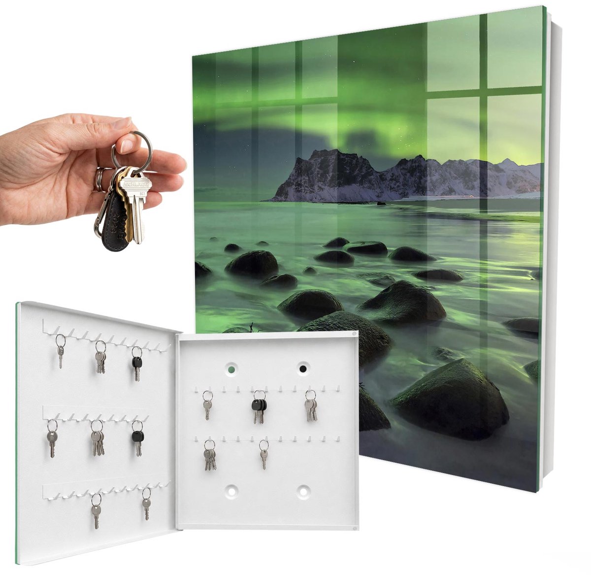 WallMuralia - Sleutelkast - 30x30x5 cm - met 50 haken - Noorderlicht Sleutelkastje Industrieel - Groente Sleutelbox - Linksopenend - Wit interieur