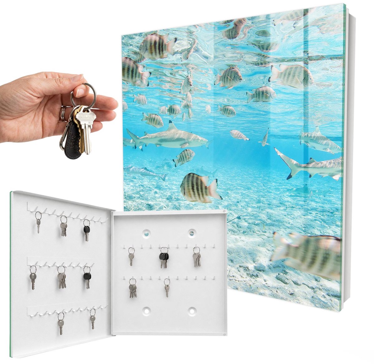 WallMuralia - Sleutelkast - 30x30x5 cm - met 50 haken - Waterleven Sleutelkastje Industrieel - Turkoois Sleutelbox - Linksopenend - Wit interieur
