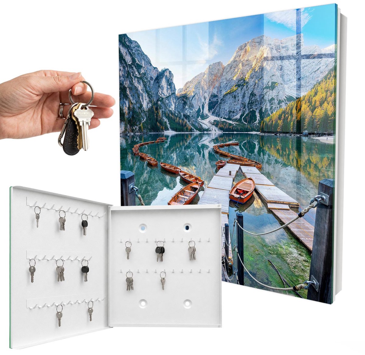 WallMuralia - Sleutelkast - 30x30x5 cm - met 50 haken - Berglandschap Sleutelkastje Landelijk - Blauw Sleutelbox - Linksopenend - Wit interieur