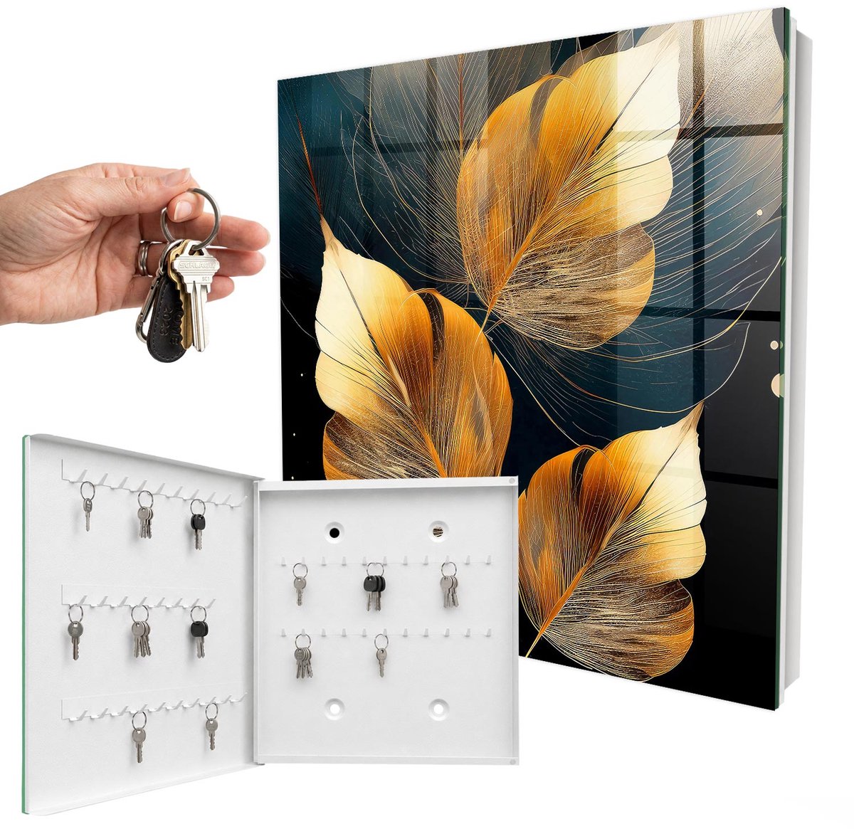 WallMuralia - Sleutelkast - 30x30x5 cm - met 50 haken - Bladeren Van Elegantie Sleutelkastje Voor Binnen - Geel Sleutelbox - Linksopenend - Wit interieur