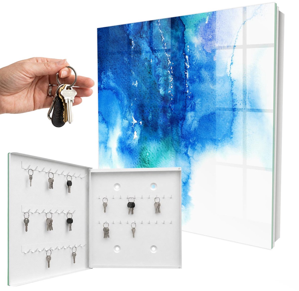 WallMuralia - Sleutelkast - 30x30x5 cm - met 50 haken - Blauwe Golven Groot Sleutelkastje - Blauw Sleutelbox - Linksopenend - Wit interieur