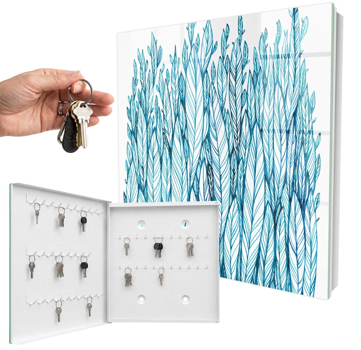WallMuralia - Sleutelkast - 30x30x5 cm - met 50 haken - Bladrijke Elegantie Sleutelkastje Muur - Blauw Sleutelbox - Linksopenend - Wit interieur