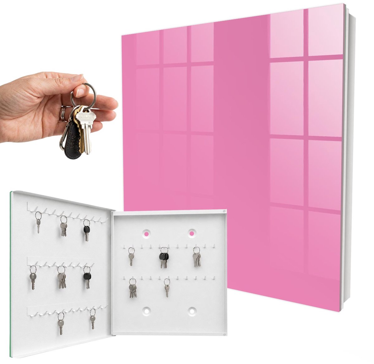 WallMuralia - Sleutelkast - 30x30x5 cm - met 50 haken - Koel Roze Sleutelkastje Klein - Roze Sleutelbox - Linksopenend - Wit interieur