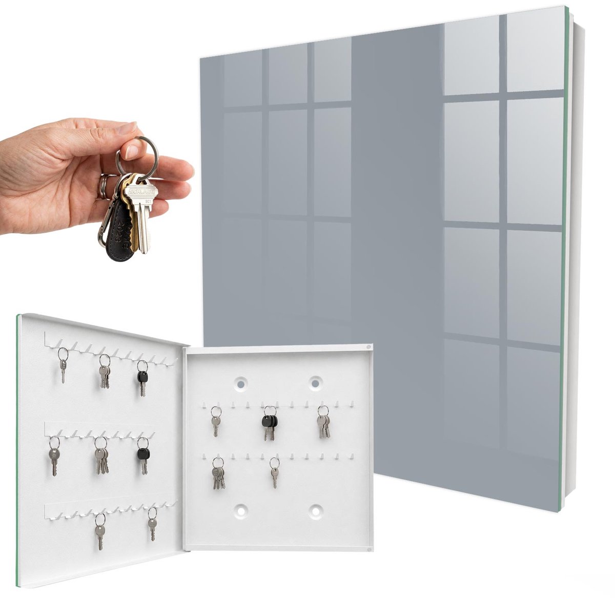 WallMuralia - Sleutelkast - 30x30x5 cm - met 50 haken - Grijs Groot Sleutelkastje - Grijs Sleutelbox - Linksopenend - Wit interieur