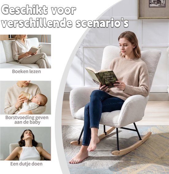 Vrouw leest boek in witte teddy schommelstoel. Sub-afbeeldingen tonen vrouw met baby en vrouw slapend.
