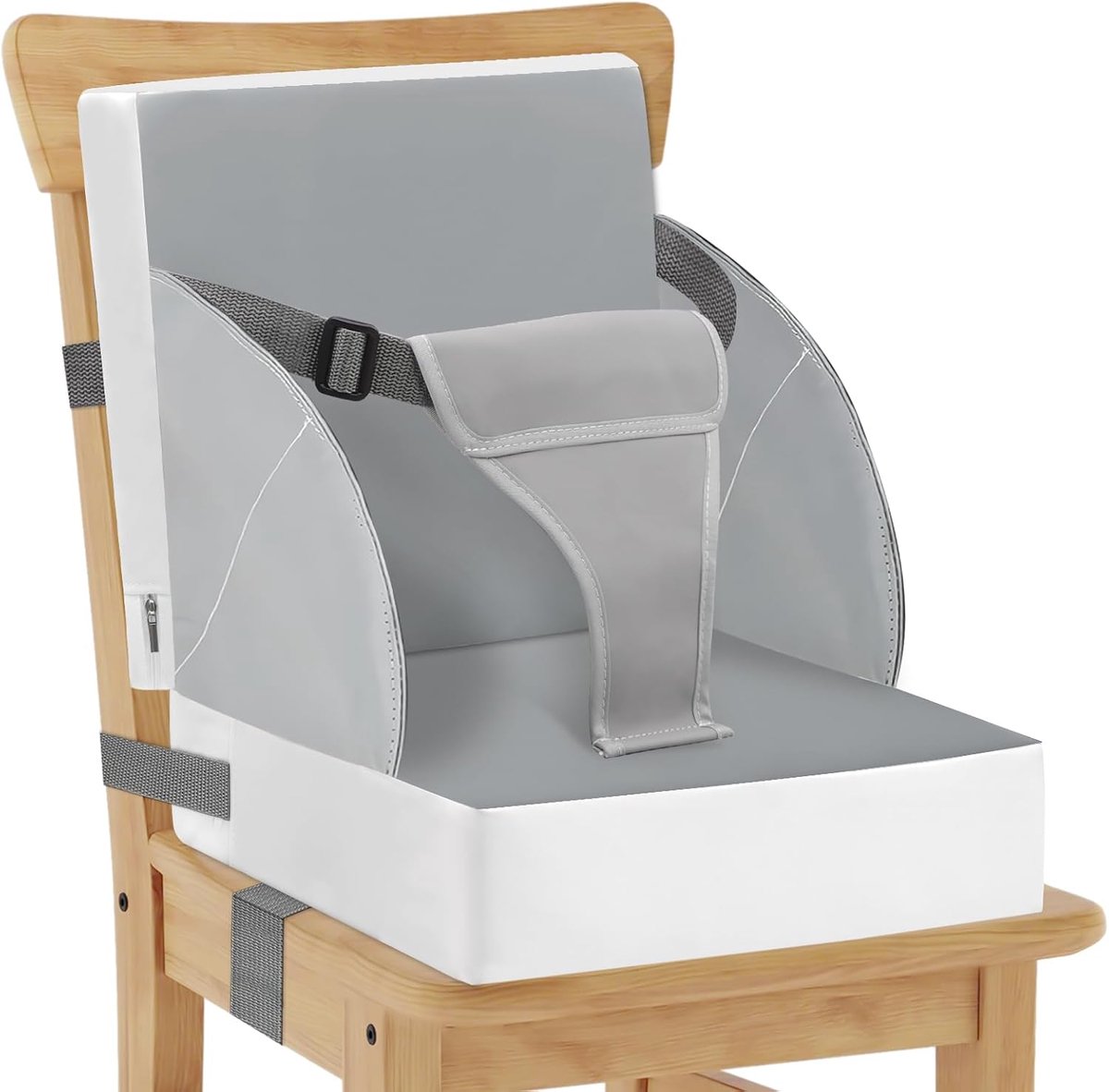 Stoelverhoger voor kinderen, 3-punts riem, zitkussen voor kinderen en baby's van waterdicht PU met riemen, zitkussen voor kinderen en peuters (grijs)