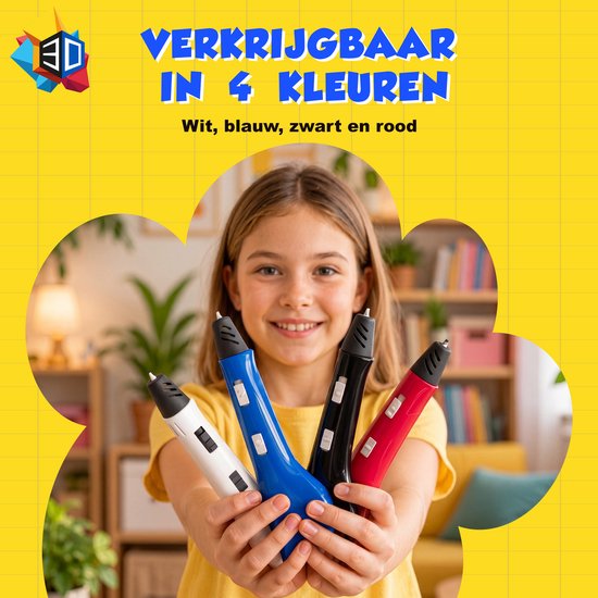 Lachend meisje met een gele T-shirt houdt vier 3D-pennen vast in de kleuren wit, blauw, zwart en rood.
