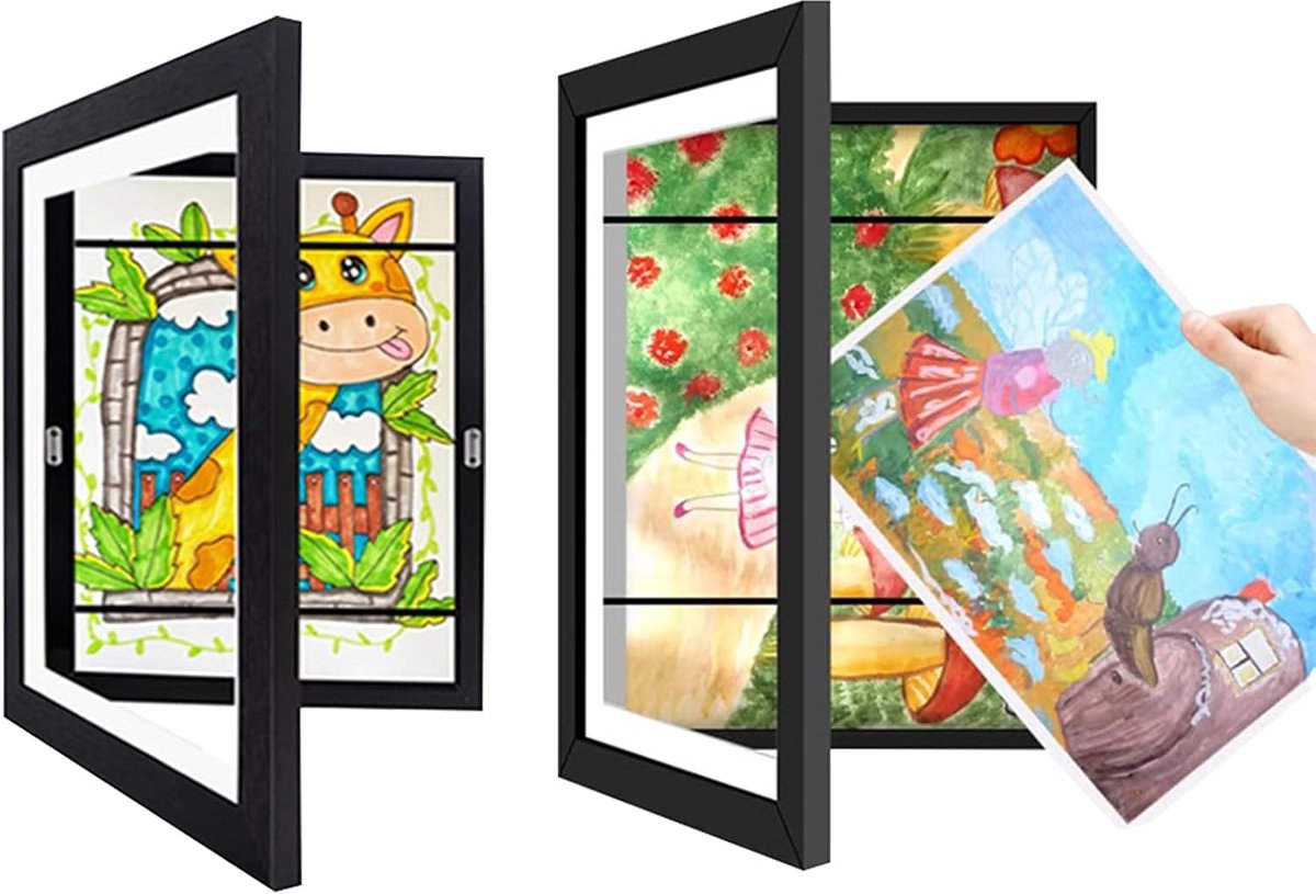 Fotolijsten voor kindertekeningen, A4, kinderlijst, kunstlijst, vooropening, A4, fotolijst voor kindertekeningen, presenteer de tekenkunst van je kind (zwart)