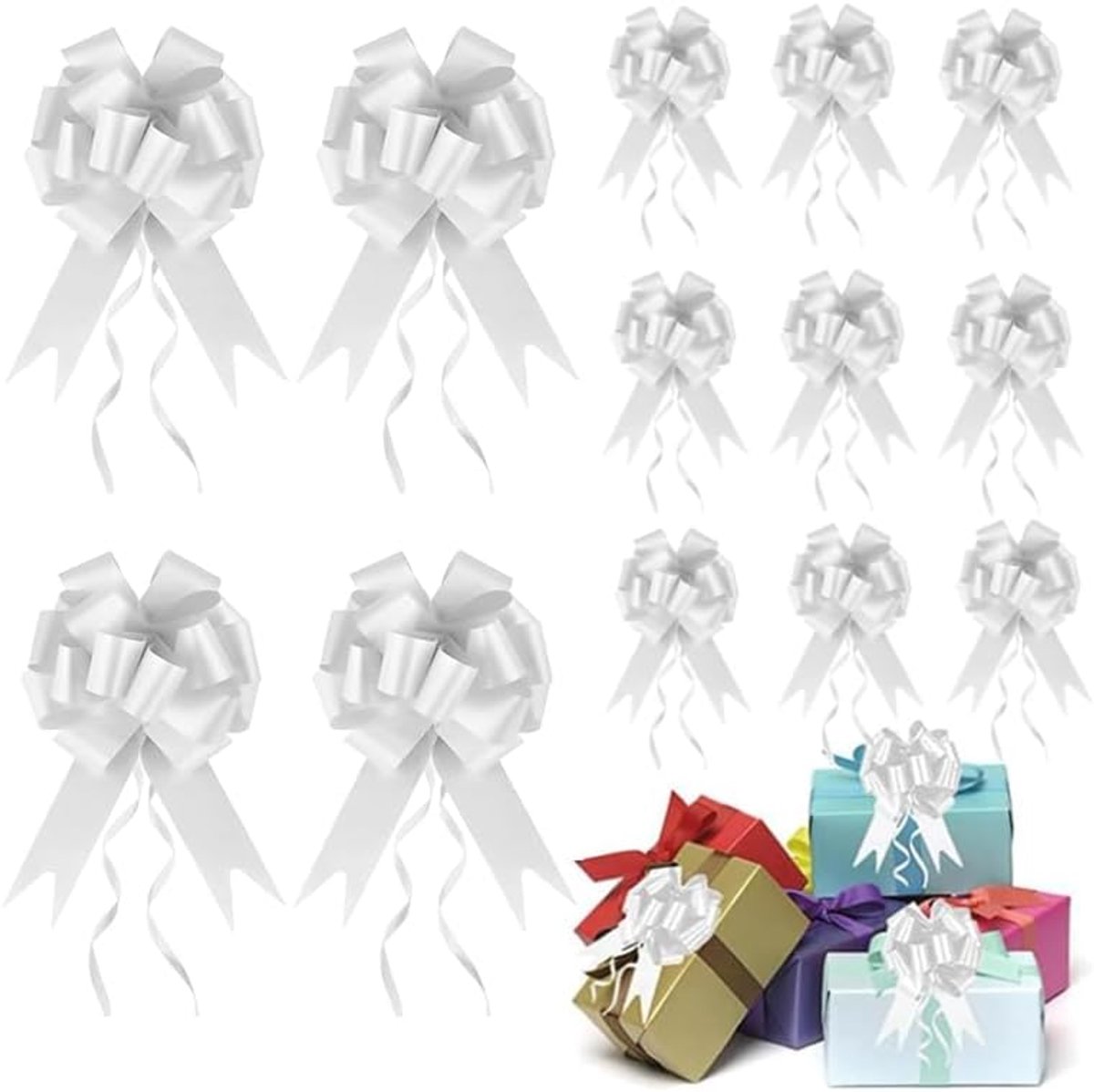 Strikken, 30-delige set, wit lint, grote strikken, cadeau, trekstrik, kan worden gebruikt voor geschenkdozen, feesten, bruiloftsdecoraties