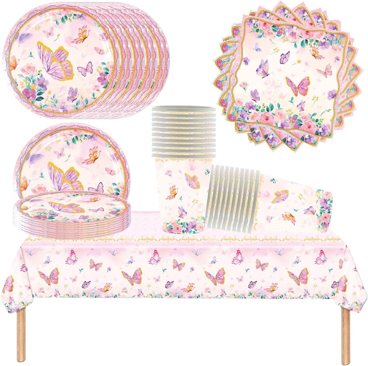 vlinderfeestservies, verjaardagsservies voor kinderen, inclusief bekers, borden, servetten en bestek