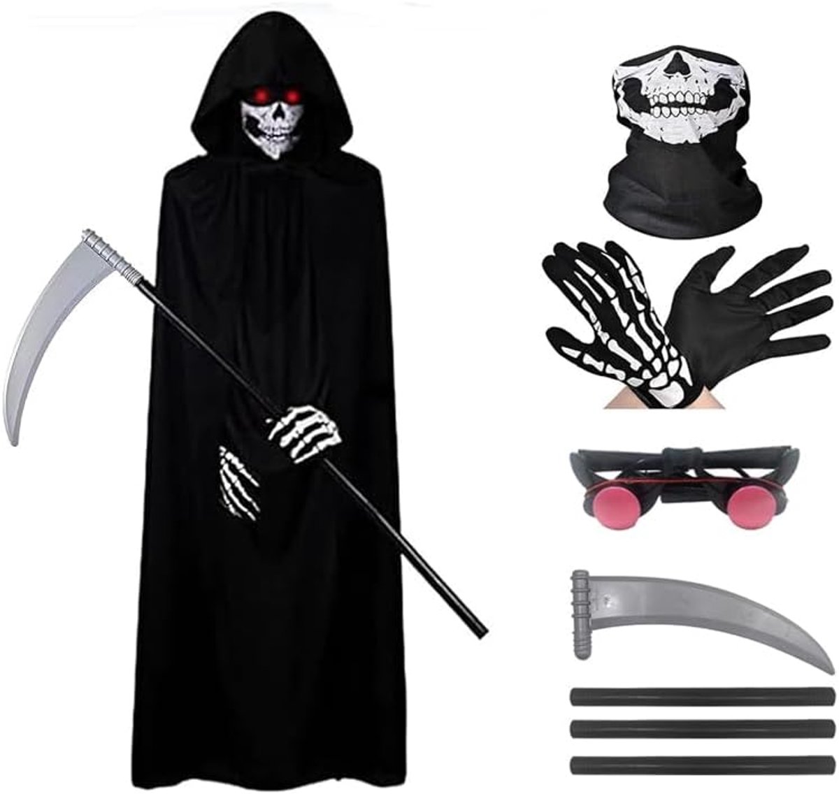 Magere Hein Kostuum Carnaval Halloween Magere Hein Cape Cosplay Kostuum met Death Scythe Gloeiende Bril en Schedel Masker, Geest Handschoenen