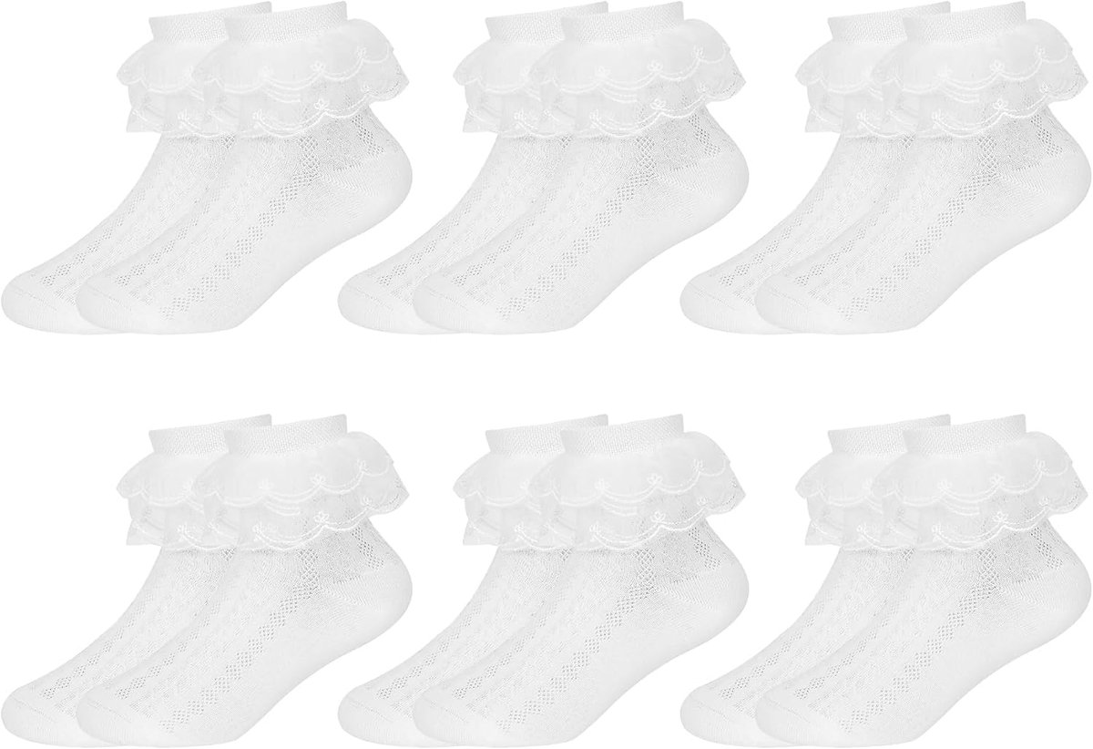 Sokken met kant, witte peuter enkel, katoen, schoolkinderen, ruffle danssokken, perfect voor verkleedpartijen, balletfeestjes en dagelijks dragen, 6 paar, 1-12 jaar