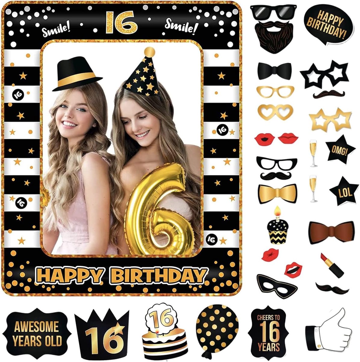 16e verjaardag decoraties meisjes jongens, zwart goud opblaasbare selfie frame & 25 stuks 16e verjaardag fotocabine rekwisieten, gigantische opblaasbare partij fotocabine frame voor meisjes jongens 16e verjaardagsfeestje decoraties