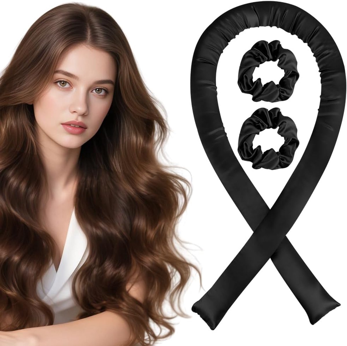Krulspelden, krullen zonder hitte, satijnen krullen zonder hitte, doe-het-zelf haarkrullerrollerset, haarkrullers voor volume, hitteloze krullen voor lang en gemiddeld haar (zwart)