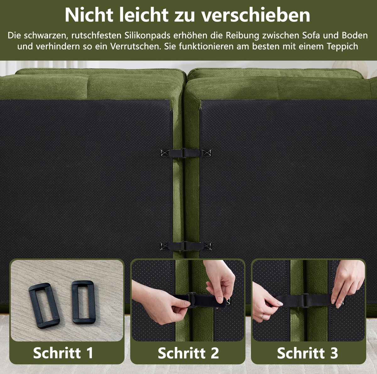 MEUNIQ 4-zits modulair frameloos bank in chenille, brede diepe zit, gestikt patroon, 334 x 97 x 68 cm, groen voor woonkamer en appartement Green