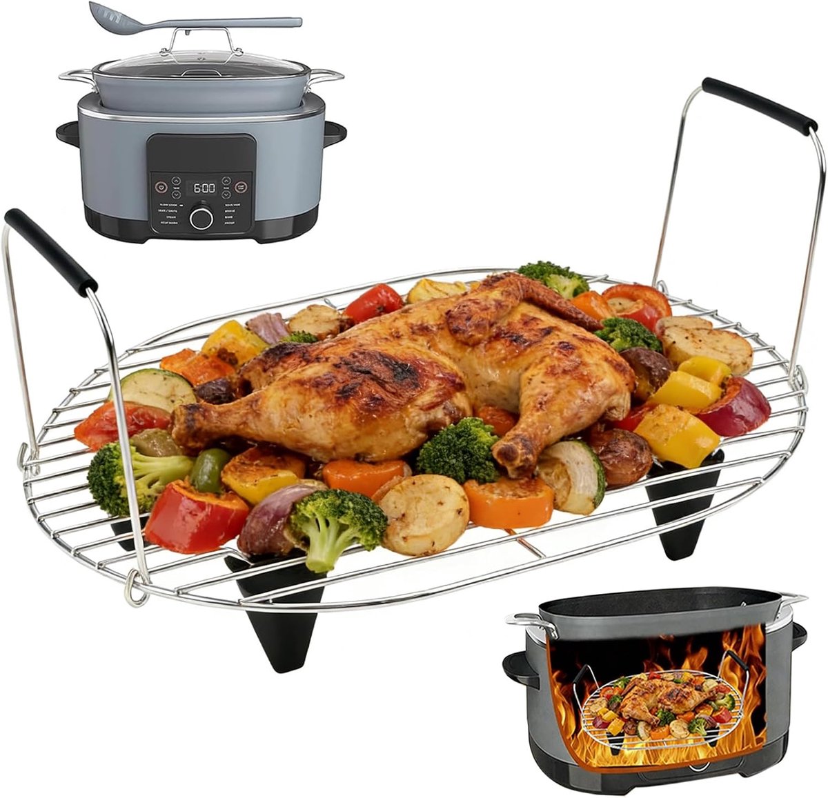stoom- en braadrek voor Ninja Foodi PossibleCooker, Muti Purpose Rond stoomrek compatibel met Ninja Foodi 8L MC1001UK-serie met siliconen beschermde voetgrepen