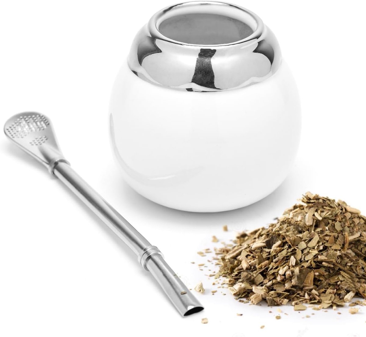Mate Cup en Bombilla Set (Originele Traditionele Mate Cup - 7,7 oz) | Inclusief 1 Bombilla (Yerba Mate rietjes te gebruiken) | Keramiek Gemakkelijk schoon te maken (wit)
