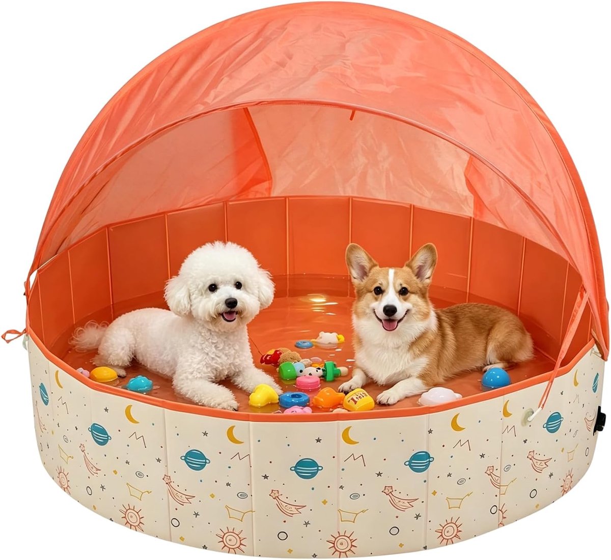 Hondenzwembad, opvouwbaar, met zonnedak, 120 x 30 cm, hondenbadkuip met afvoerventiel, antislip, verdikt pvc-kinderbadje voor grote honden en kinderen, draagbaar hondenbadje (oranje)