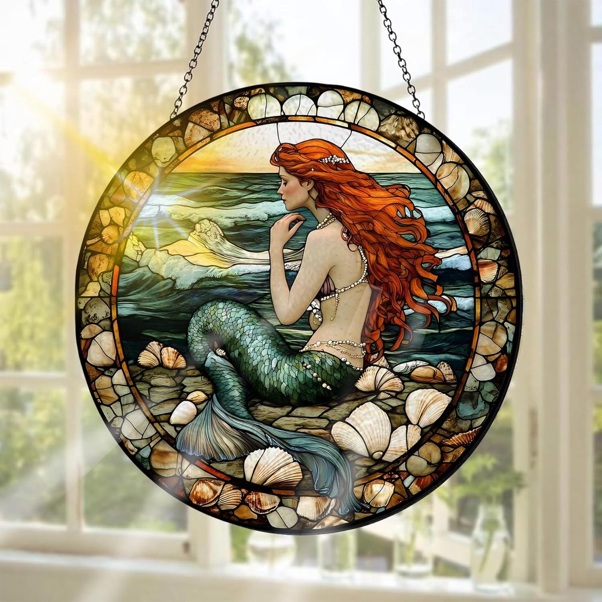 Glas-in-Lood Raamdecoratie, Ideaal Om Het Raam Mee Te Versieren Schelpen - Handgemaakte Raamdecoratie Voor Tuin, Raam, Binnen En Buiten, Kerstfeest, 20 X 20 cm