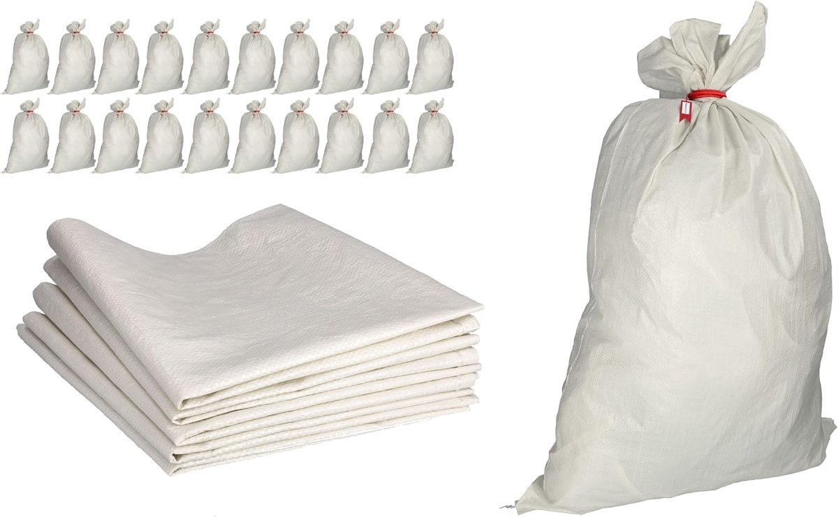20x Polypropyleen Zakken 105x65 cm 50 kg - Zware Geweven PP Opslagzakken voor Graan, Diervoeder, Kolen en Zand - Scheurvaste Witte Transportzakken met UV-Bescherming en Sterke Bodemnaad