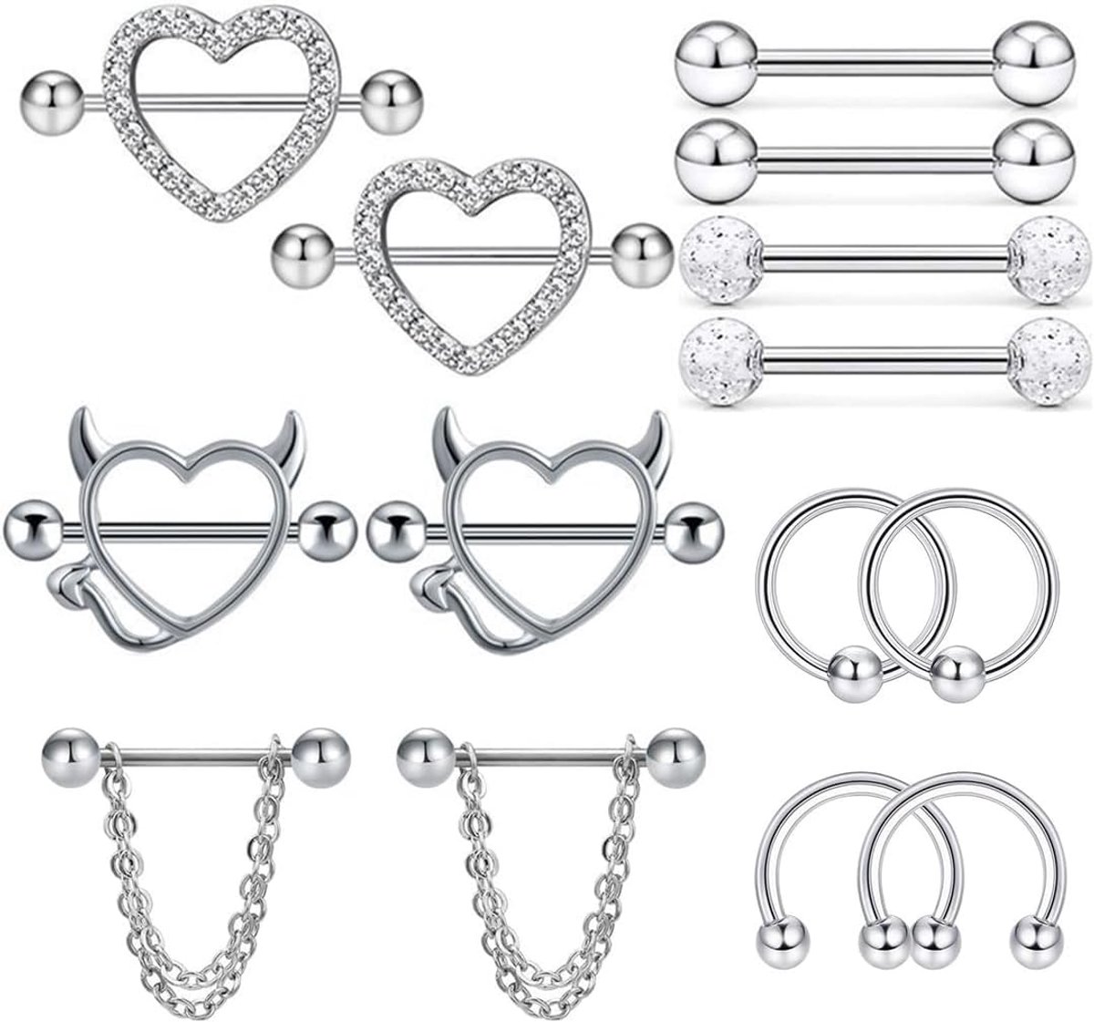 7 paar 14G tepelpiercings van chirurgisch staal voor dames, tepelpiercing, tongpiercing, roestvrij staal, tepelpiercing, vlinder, hart, barbell, lichaamssieradenset voor vrouwen en meisjes