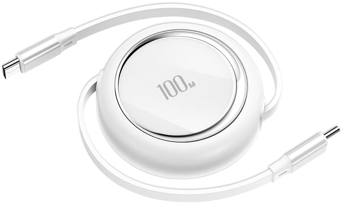 Image of 100W 1M Mini Oprolbare Snellaadkabel, Type-C Oplaadkabel, Oprolbare USB-C Oplaadkabel, Datakabel, Oprolbare Autolader voor iPhone 17, 16, 15 Pro, MacBook, iPad, Galaxy, Wit