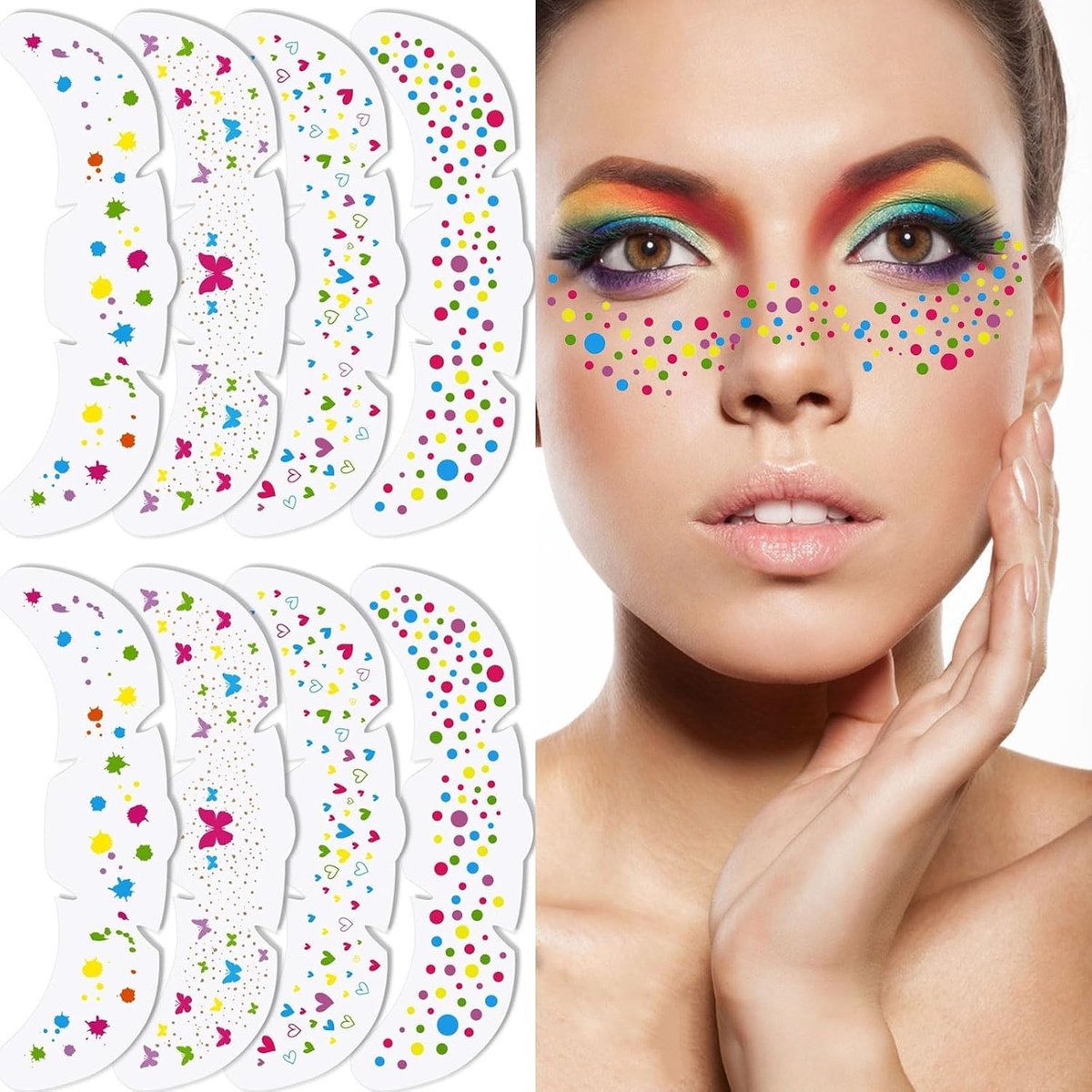 8 stuks sproeten tatoeages gezicht, glitter gezicht sproeten tattoo, glitter sproeten tatoeages, waterdicht, kleurrijke gezichtstatoeages voor festival, carnaval, party, make-up, sproeten tattoo