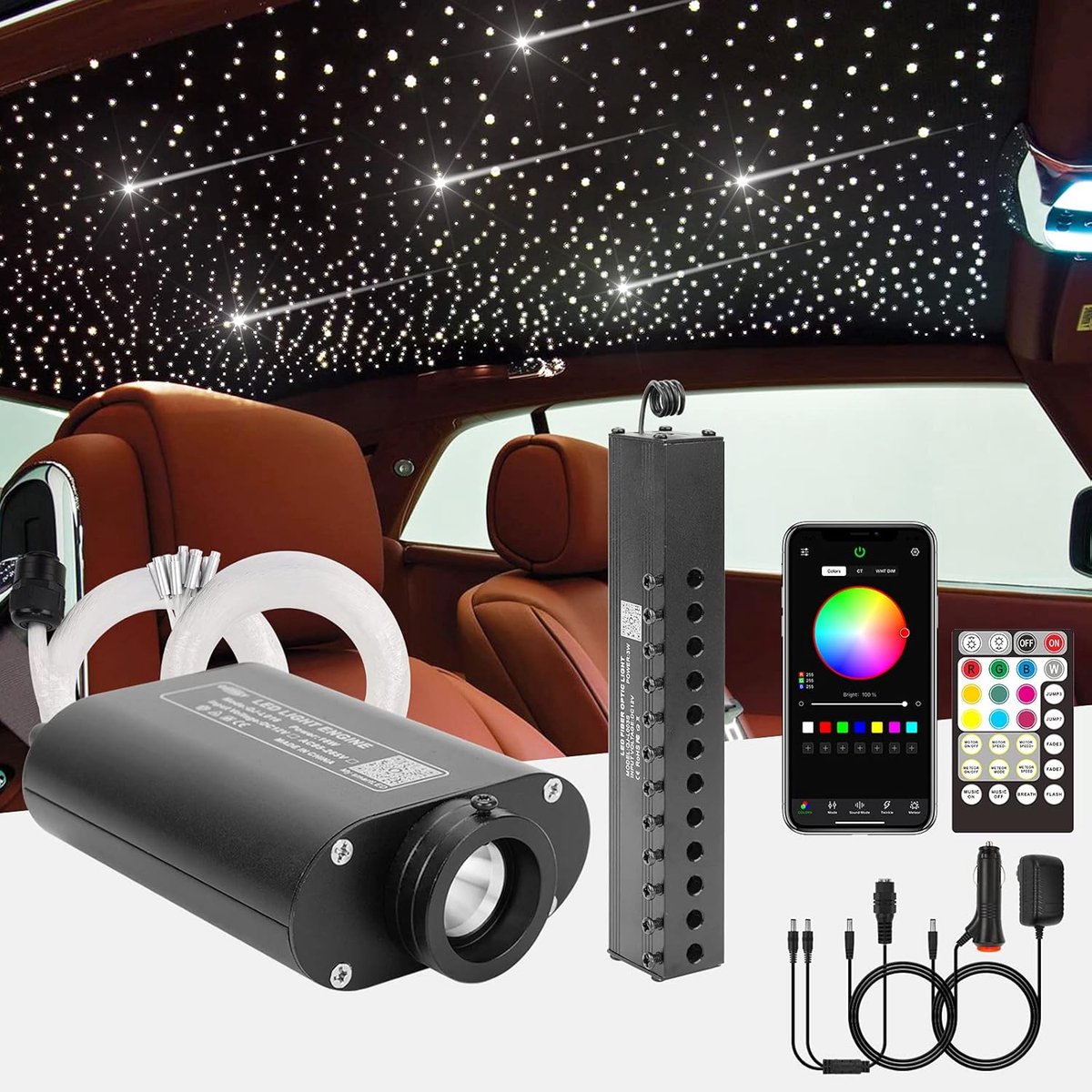 Sterrenhemel glasvezel voor auto/plafondlamp, 16 W flikkering 408 stuks (0,75 mm+1,0 mm+1,5 mm) Bluetooth APP LED glasvezel plafondlamp kit ster afstandsbediening sterrenlicht