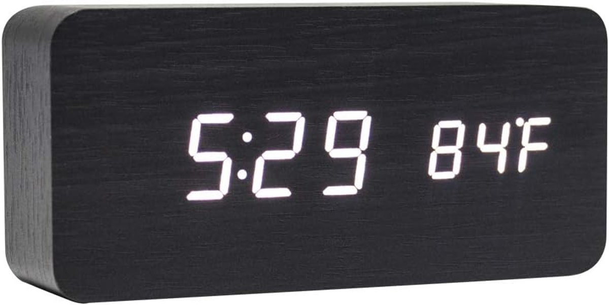 klok van hout – multifunctionele led-wekker met tijd/datum/temperatuurweergave en spraakbesturing voor op reis naar huis – AC11zwart/wit