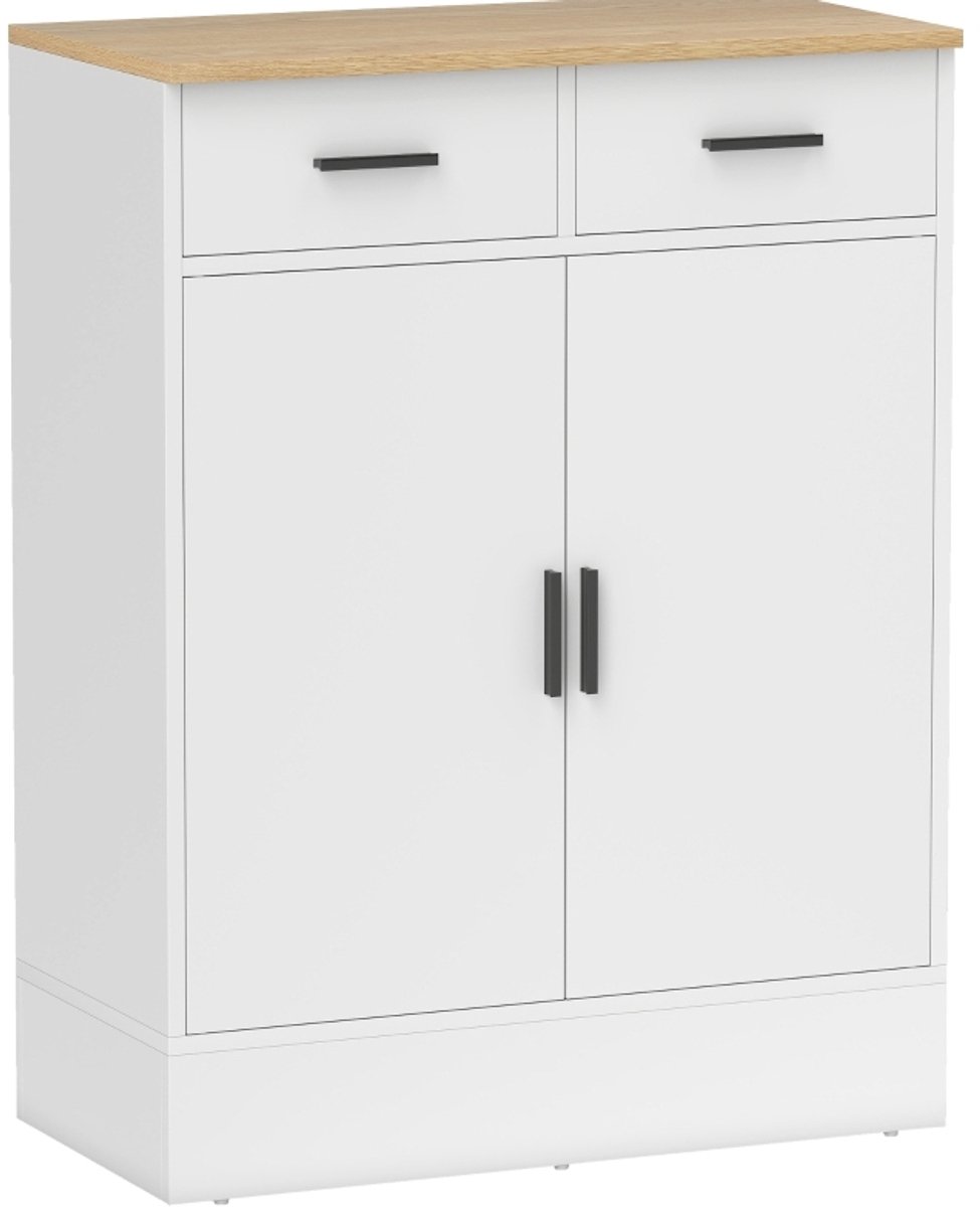 COVREO Ruime opbergkast met 2 laden en verstelbare planken - 68,6 x 35 x 90,3 cm - naturel hout/wit - sideboard voor keuken, woonkamer of hal