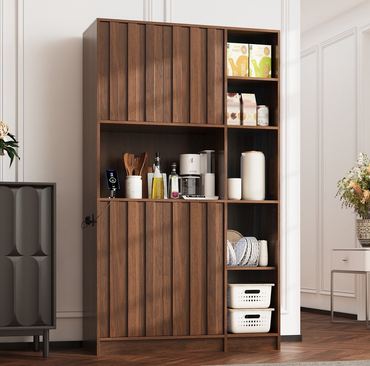 MIVRAY Keukenkast - Hoge Opbergkast Met LED Verlichting En Stopcontact - Voor Keuken En Eetkamer - MDF - Walnoot - 105 X 40 X 180 Cm
