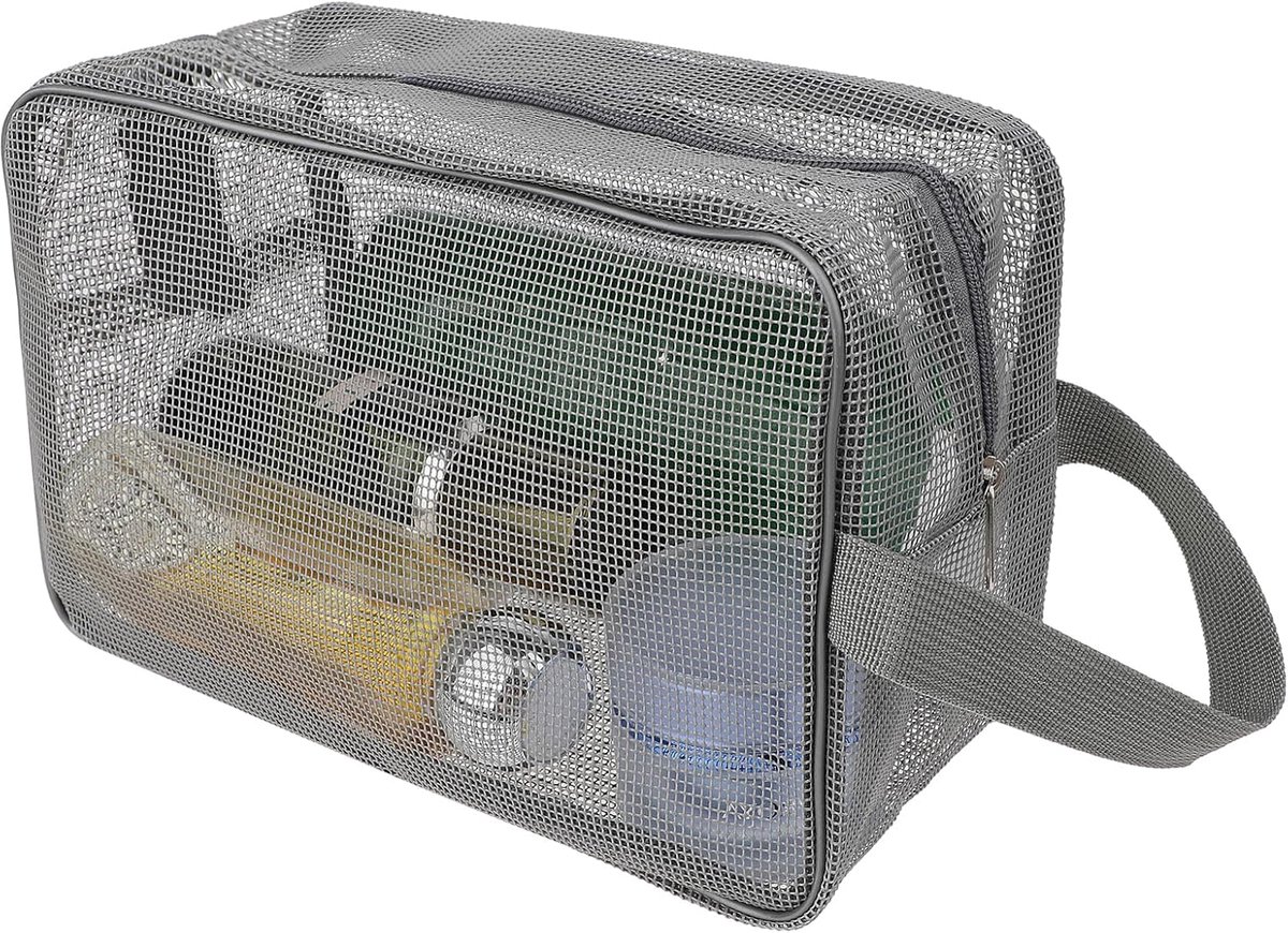 cobee Mesh douchetas, draagbare douchemand van mesh, sneldrogende draagtas met ritssluiting, opbergtas voor sportschool, reizen, kamperen, zwemmen, strand, grijs