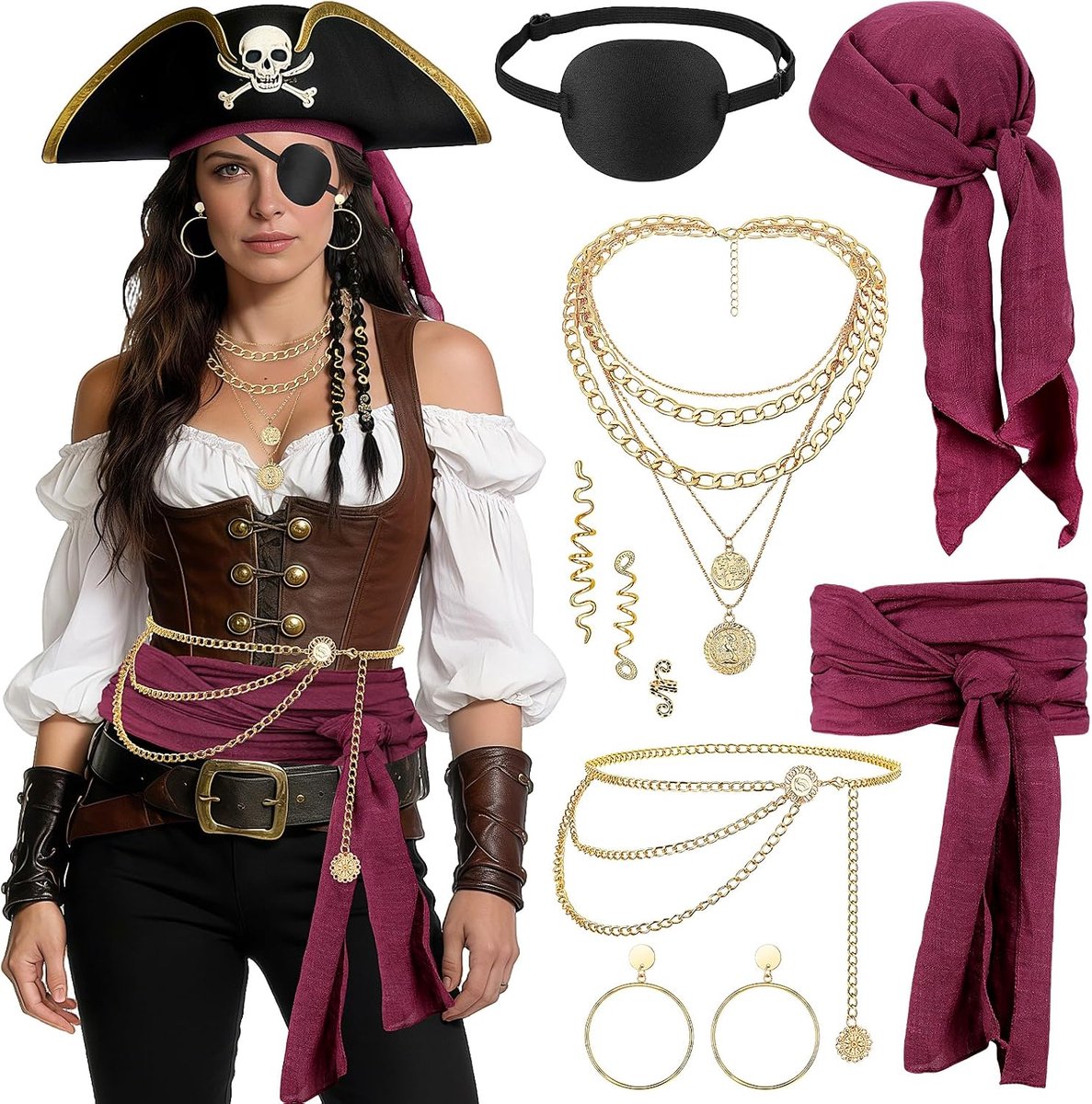 Carnaval piratenkostuum dames - 7 stuks middeleeuws piratenkostuum