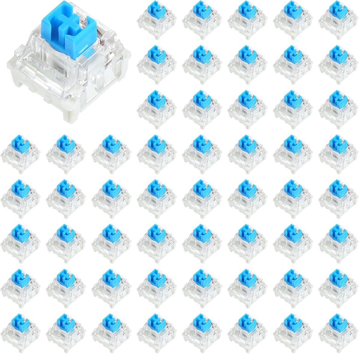 54 Stuks Mechanische Toetsenbord Schakelaars, Stofdicht Gaming Toetsenbord Clicker 3-pins Tactiel Toetsenbord Schakelaar Vervanging Transparant Hoes Blauwe Toetsenborden Tactiele Respons