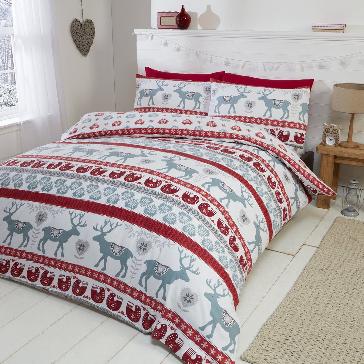 Omgoods - Set van 3 Katoenen Flanel Dekbedovertrekken met 2 Kussenslopen Rood/Multi