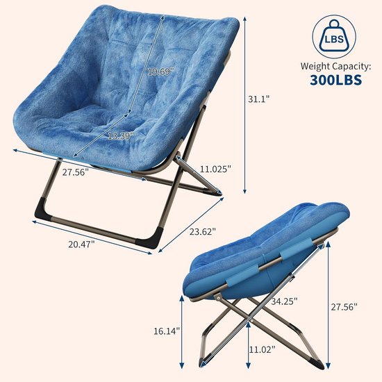Maanstoel Inklapbaar - Schotelstoel van Zacht Faux Fur - Relaxstoel met Elegante Gouden Poten - Comfortabele Luie Stoel voor Slaapkamer, Woonkamer en Studentenkamer - Belastbaar tot 136 kg - Blauw/Goud — afbeelding 2