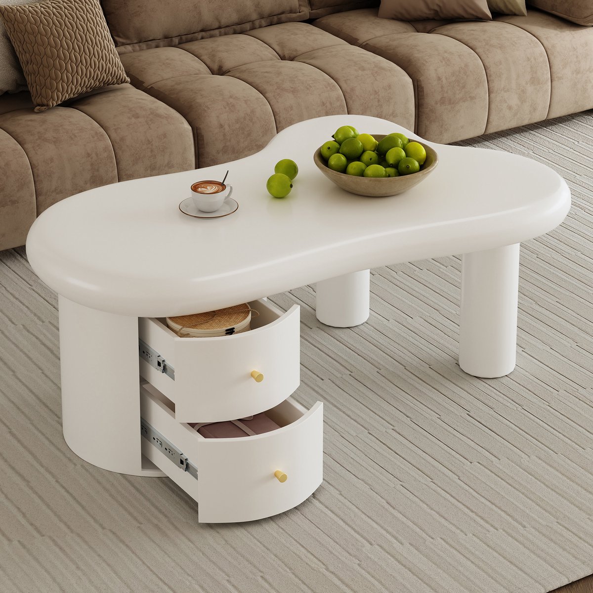 Moderne onregelmatig gevormde salontafel - 2 lades - stijlvol en stevig - woonkamer tafel - wit