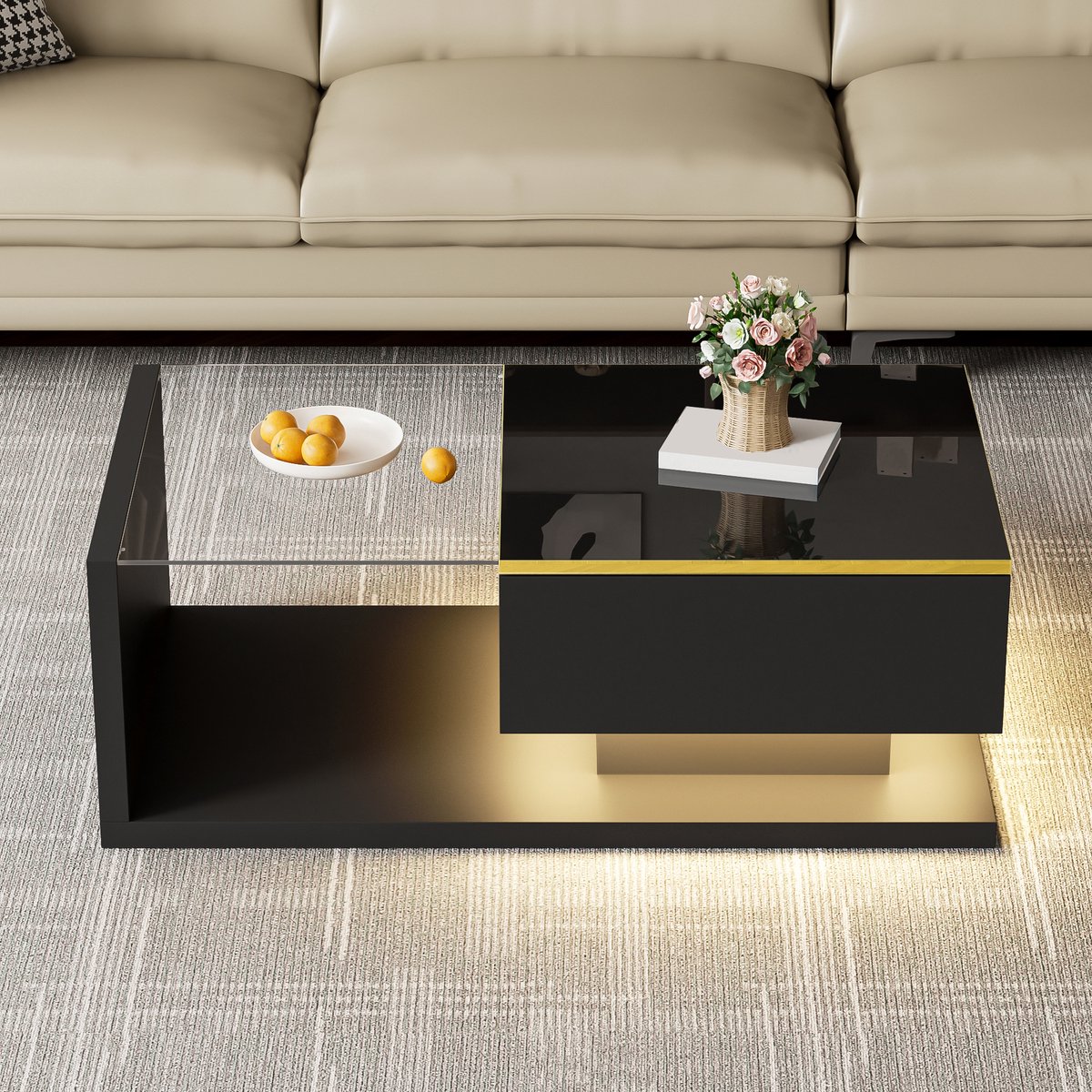 Salontafel - Koffietafel 100x50x32,5 cm - glanzende bijzettafel met glas en LED-verlichting - wit