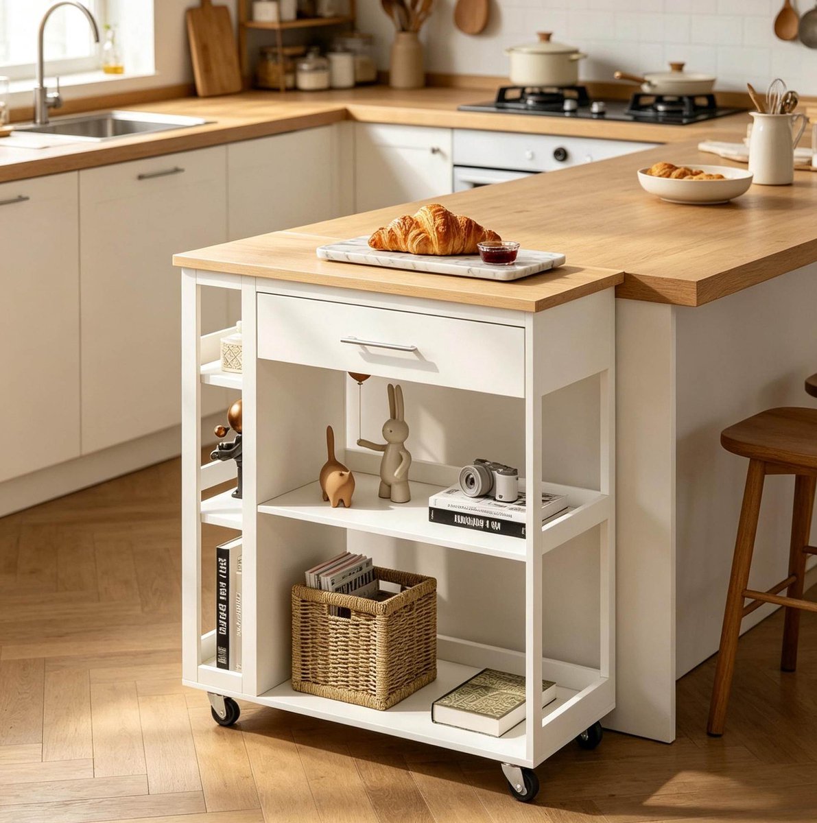 COVREO Keukenwagen 73x88x38 cm wit houtlook, MDF met 1 lade en 4 wielen