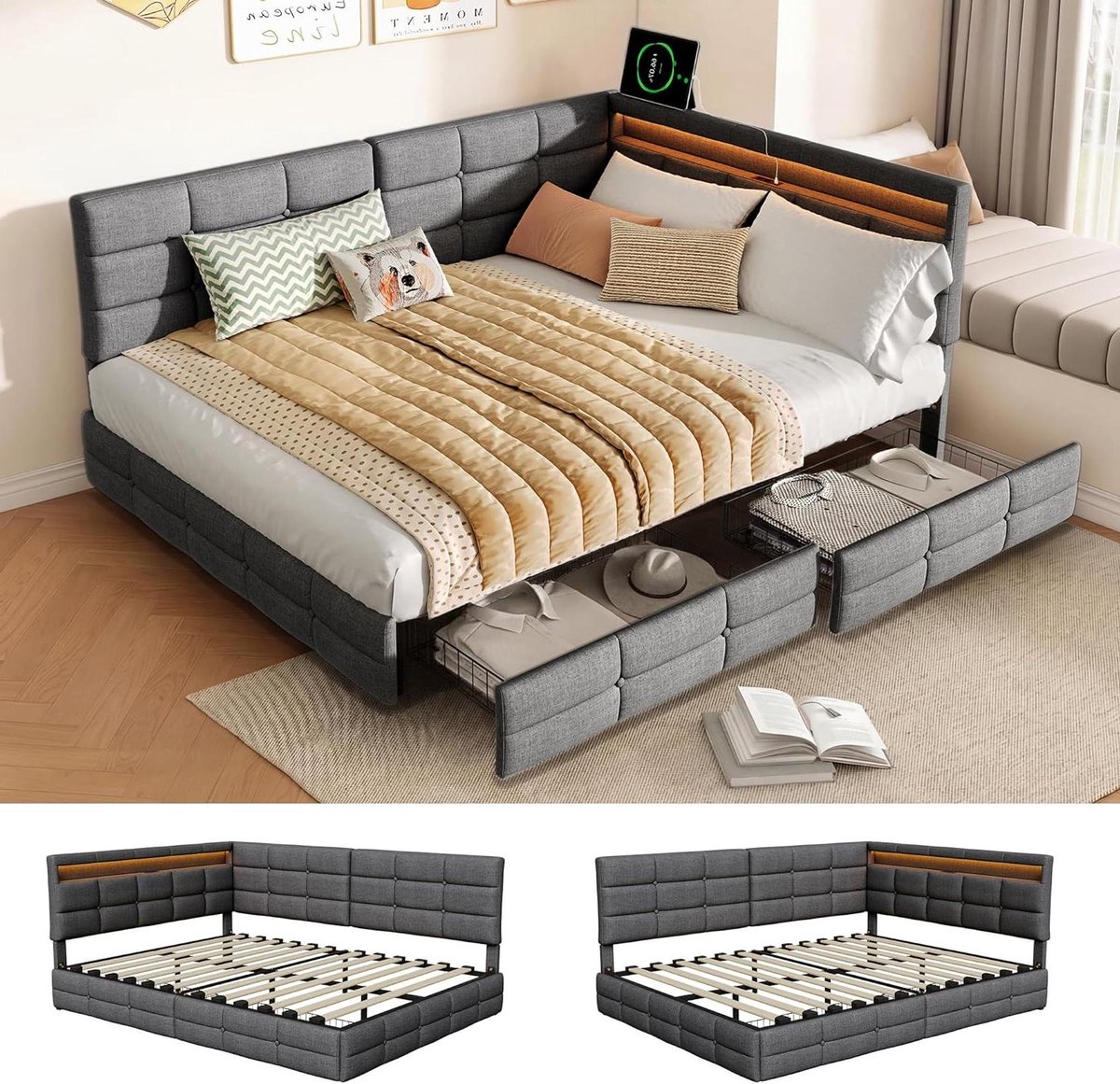 Eenpersoonsbed met LED - Slaapbank met opbergruimte - Moderne slaapkamer - Geïntegreerde USB-poort - 140x190 cm - Grijs