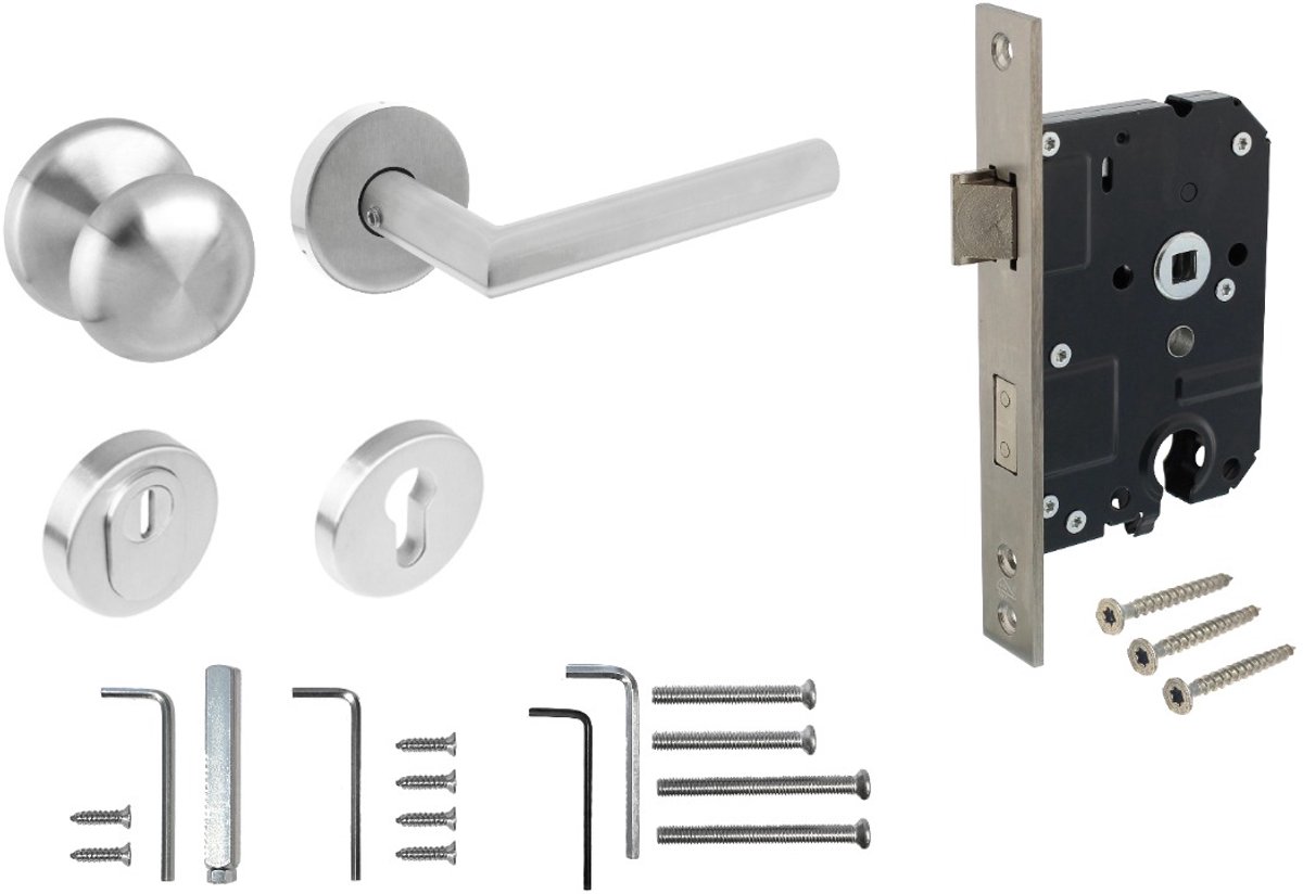 Intersteel Set voordeurbeslag rond: deurkruk Jura op rozet, voordeurknop, SKG2 slot pc55, SKG3 rozetten, rvs