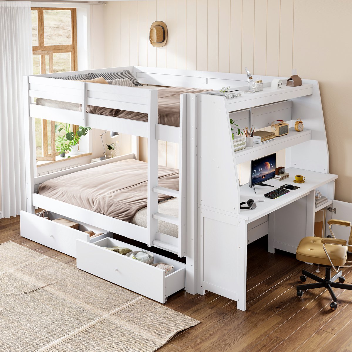 MIVRAY Stapelbed 140x200 cm Zonder Matras - Bed Met Bureau en Verplaatsbare Opbergkast - Met Lades en Veiligheidshekken - Hout Metaal - Wit