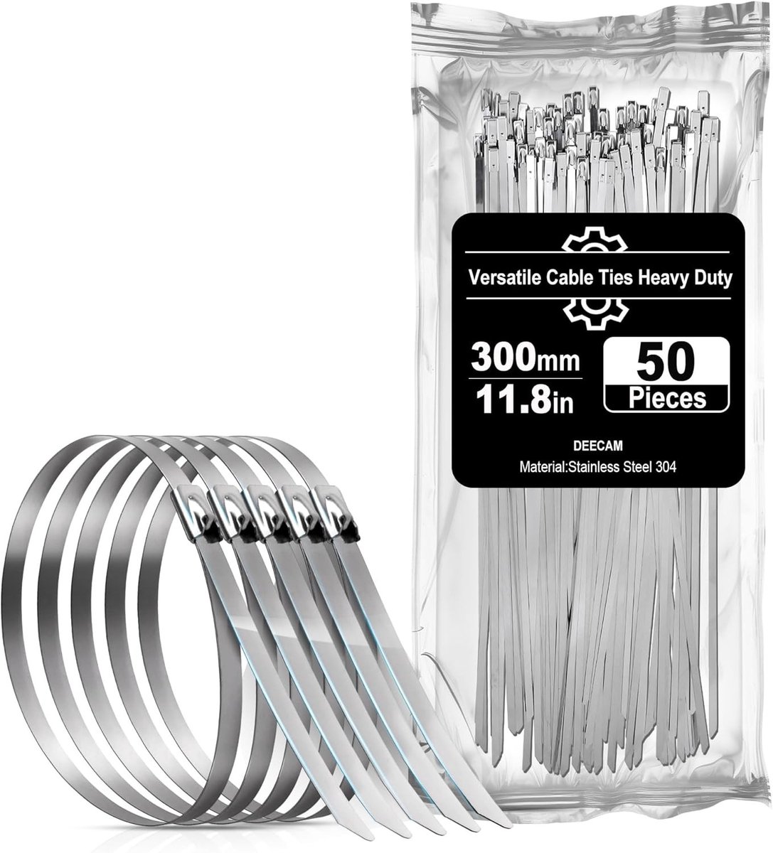 Premium RVS Kabelbinders 300×4.6mm - 50 Stuks, Duurzame Metaal Kabelbinders voor Industrie, Tuinbouw en Draadbundeling