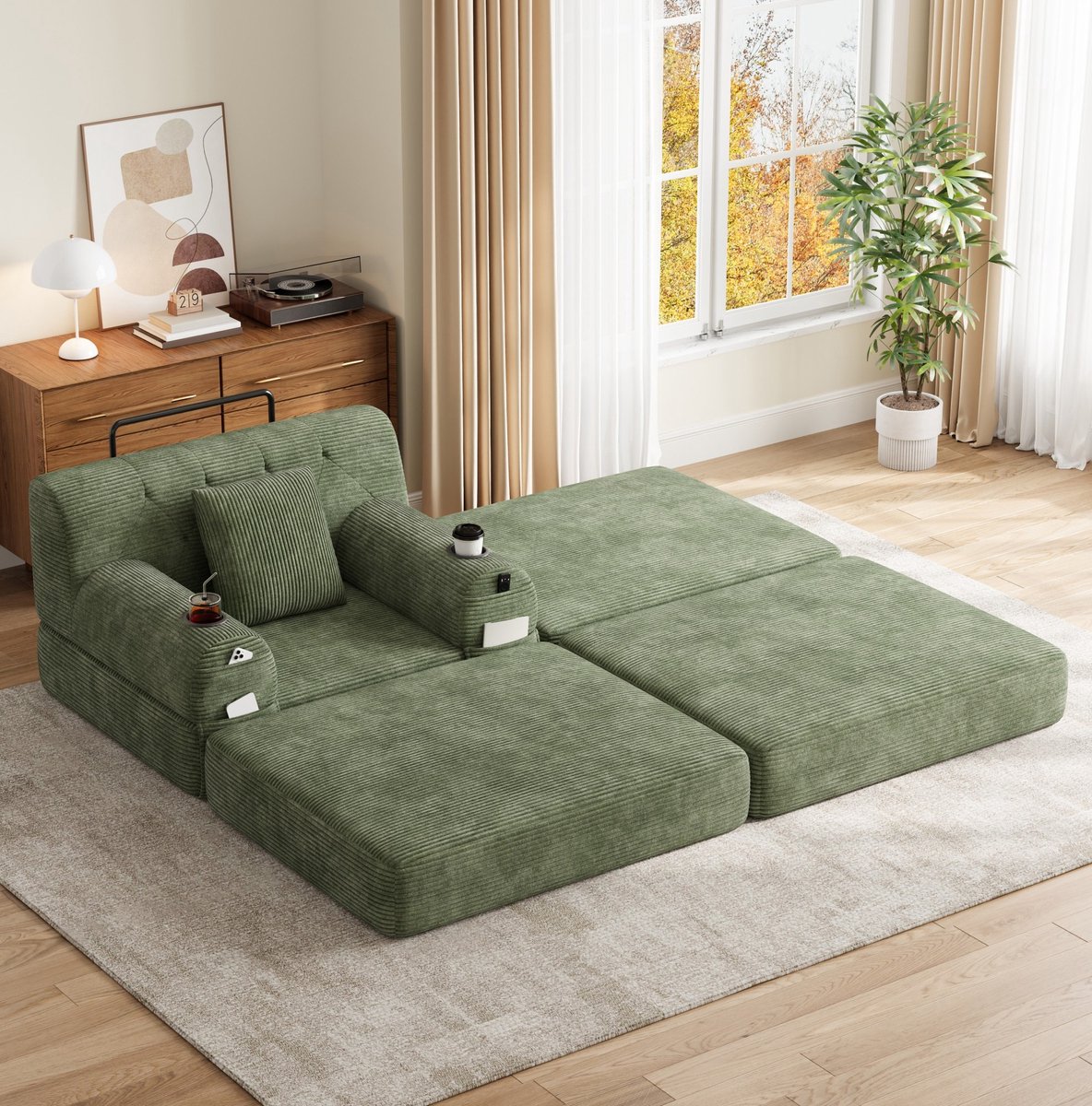 MEUNIQ 1-zits slaapfauteuil met hocker van corduroy, hoge rugleuning, metalen frame, 2 bekerhouders en 4 zijvakken, groen