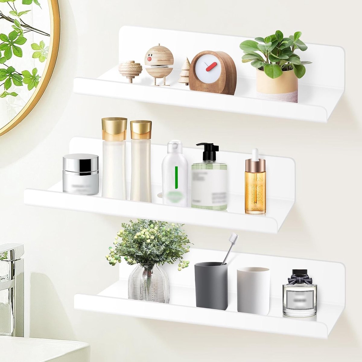 Set van 3 Wandplanken zonder Boren - Witte Drijvende Plank van 30 cm voor Badkamer, Ideaal voor Foto's en Boeken, Zelfklevende Plank voor Muurdecoratie