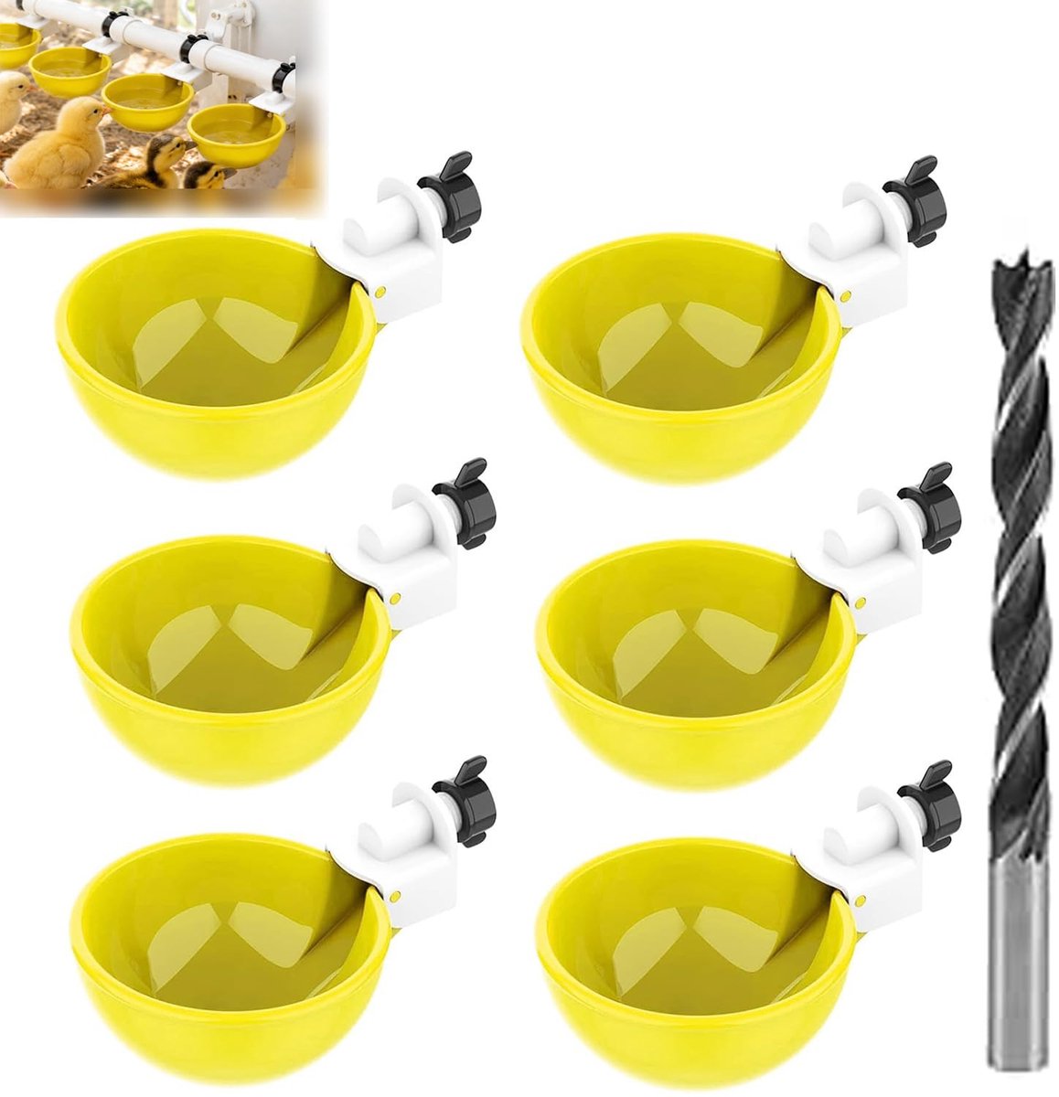 SnelShoppen - Waterbak voor Kippen, Automatische Drinkbak voor Gevogelte, 6 Stuks, Kunststof Drinkbak met Boormachine, Waterdispenser voor Kippen, Een