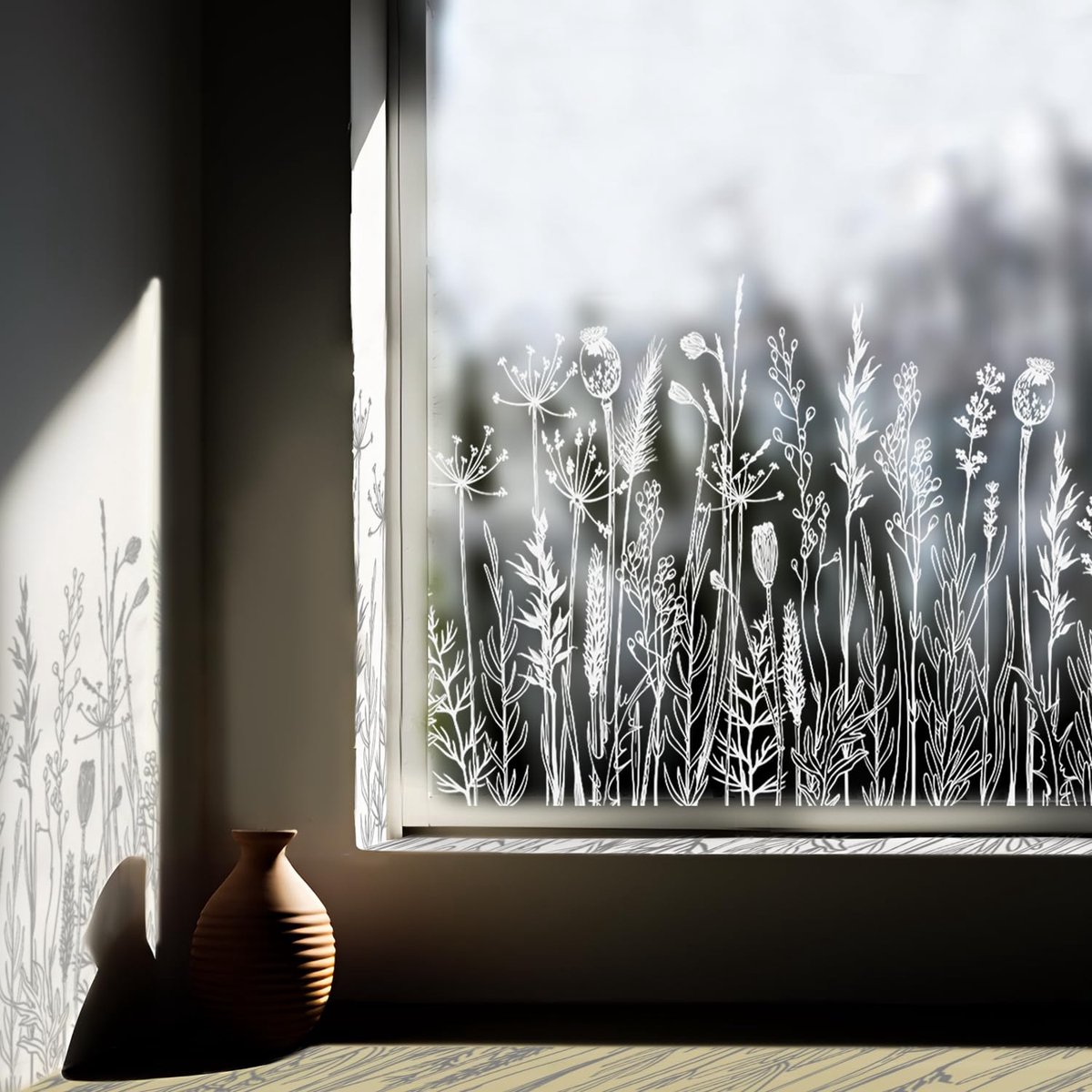 SnelShoppen - Raamdecoratie met Witte Planten, Bloemen en Gras - Statische Raamfolie, Plakfolie, Raamstickers voor Woonkamer, Slaapkamer, Kinderkamer,